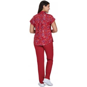 A floral-print top in red tones with short sleeves, paired with red trousers. The model is seen from the back.
