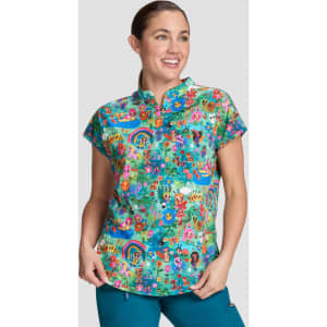 Ari Top (Print) featuring a vibrant, multicoloured design with playful graphics and a collar.