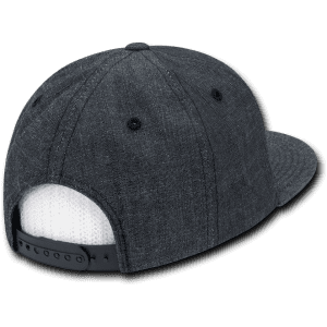 A grey snapback cap with a structured high profile and mesh back, featuring a black adjustable strap.