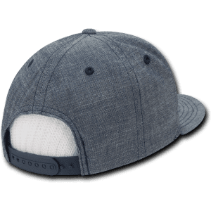 A structured snapback cap in navy featuring a mesh back and an adjustable strap, with a logo on the side.