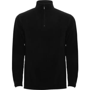 A black half-zip polar fleece sweatshirt featuring long sleeves and a collar, with a branding logo.