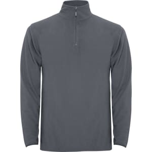 A grey polar fleece half zip sweatshirt with long sleeves and a collar. It features a subtle branding logo.