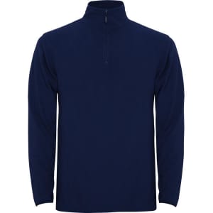 A navy blue half zip sweatshirt made from polar fleece, featuring a zippered neck and long sleeves.