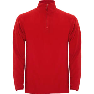 A red polar fleece sweatshirt featuring a half zip and long sleeves, with a logo on the chest.