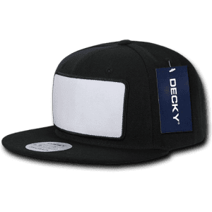 A black snapback cap featuring a white front panel and a brand tag on the side.