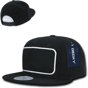 A black structured snapback cap featuring a patch area and a branded tag, with a profile view visible.