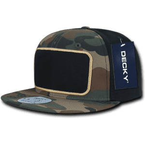A structured snapback cap featuring a camouflage pattern with a solid black patch and a branded tag.