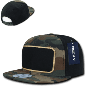 A camo-patterned snapback cap featuring a structured high profile and a patch area on the front. It has a logo tag.