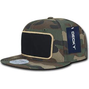 A camouflage snapback cap with a structured high profile and a blank patch area, featuring a brand tag.