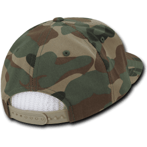 A camouflage-patterned snapback cap featuring a structured high profile design and a mesh back.