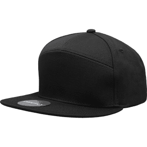 A black 7 panel high profile structured cap with a flat brim and a logo on the front.