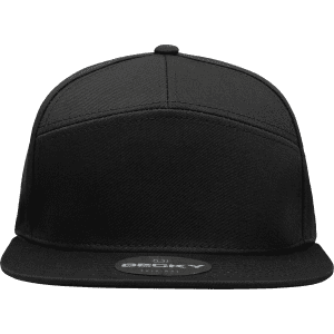 A structured black cap featuring a 7-panel design, with a flat brim and a logo on the front.