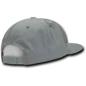 A grey 7 panel high profile structured cap with a mesh backing and adjustable strap at the back.