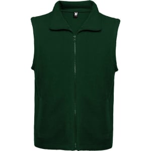 A green fleece vest with a zip front and a collar, featuring side pockets and a logo.