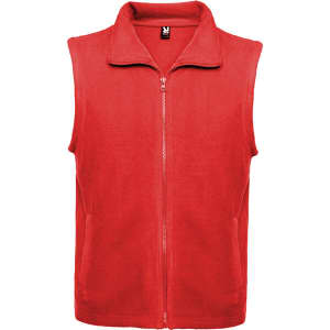 A red fleece vest with a zippered front and two side pockets, featuring a logo on the upper back.