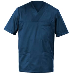 A navy blue tunic featuring short sleeves and multiple pockets, with a logo on the side.