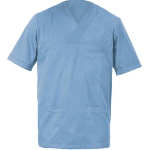 A blue Alberto Tunic featuring short sleeves and multiple pockets. The design includes a v-neckline and a logo.