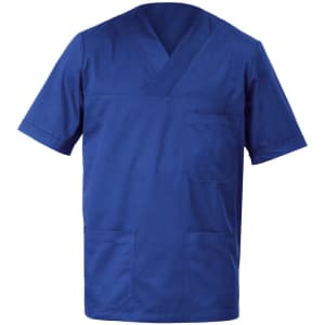 A blue tunic featuring a V-neck, short sleeves, and multiple pockets. It has a logo on the fabric.