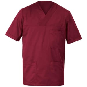 A burgundy tunic with short sleeves and multiple pockets, featuring a simple collar and a logo.