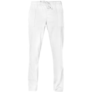 White pants with an elastic waistband and drawstring, featuring two side pockets. The product has branding.