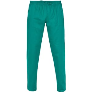 Teal pants with a drawstring waist, featuring two front pockets and a smooth fabric finish. Includes a logo.