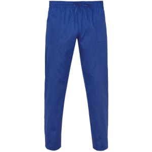 Blue trousers with an elastic waistband and two front pockets. The product features a logo.
