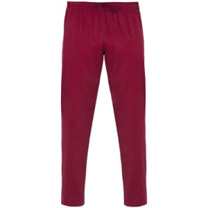 Red pants with an elastic waistband and side pockets, featuring a logo on the waistband.