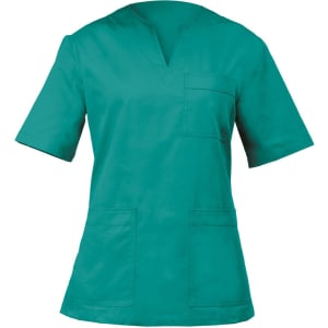 A teal tunic with short sleeves, featuring a v-neck and front pockets, suitable for professional attire.