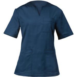 A navy blue Margherita tunic with short sleeves and two front pockets. It features a v-neck and a small chest pocket.