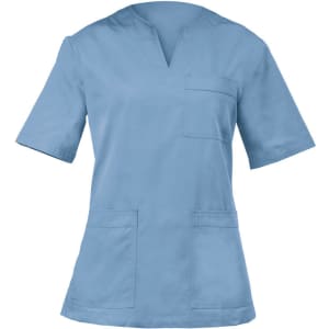 A short-sleeved tunic in a light blue colour with a pocket, featuring a v-neck design. It has branding on the label.