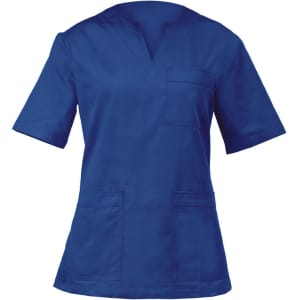 A navy blue tunic featuring a v-neck, short sleeves, and multiple pockets. It has a logo on the left chest area.