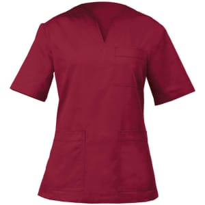 A red Margherita Tunic with short sleeves and a V-neck, featuring a front pocket and two side pockets.
