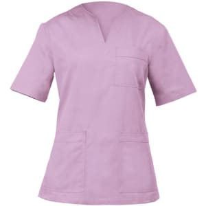 A lilac Margherita Tunic featuring a V-neck, short sleeves, and front pockets, with a small logo.