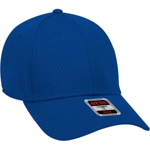 A blue six-panel baseball cap with a flexible fit and a branding label on the front.