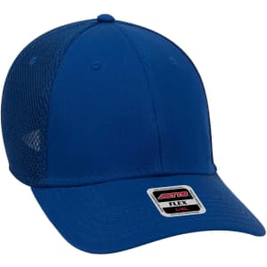 A blue six-panel baseball cap with a mesh back and a logo on the front.