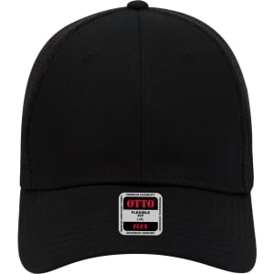 A black low-profile six-panel baseball cap featuring a logo on the front. The design includes mesh panels at the back.