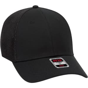 A black Otto Flex 6 Panel Baseball cap with mesh panels and a logo on the front.
