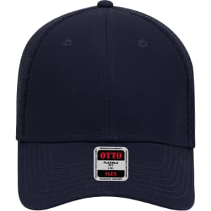 A navy blue low profile baseball cap with a flexible fit, featuring a logo tag on the front.