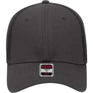 A dark grey 6 panel low profile baseball cap with a flexible fit and a logo on the front.