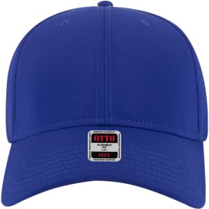 A blue 6 panel low profile baseball cap with a flexible fit and a logo on the front.