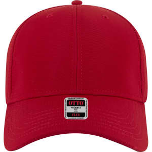 A red low-profile baseball cap with a flexible fit and a logo on the front.