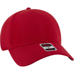 A red six-panel baseball cap with a branded label and a flexible fit.