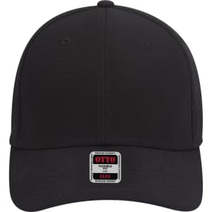 A black 6 panel low profile baseball cap with a logo on the front and a flexible fit design.