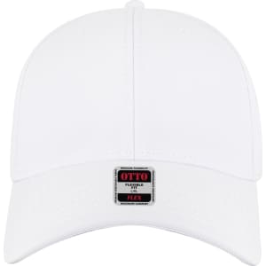A white low-profile baseball cap featuring a flexible fit and a logo on the front.