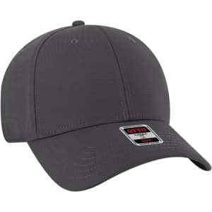 A grey six-panel baseball cap with a structured design and a logo on the front.