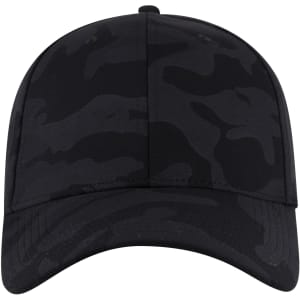 A black camo 6 panel low profile baseball cap featuring a logo on the front.