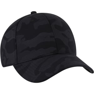 A black camo six-panel baseball cap with a curved brim and a logo on the front.
