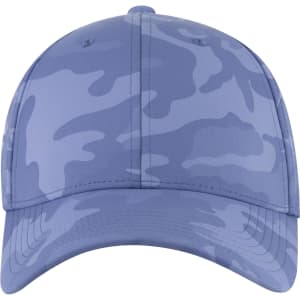 A low profile baseball cap in a blue camouflage pattern, featuring a logo on the front.