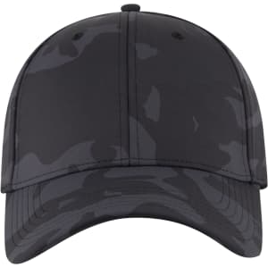 A black camouflage 6 panel low profile baseball cap featuring stitching detail and a curved brim.