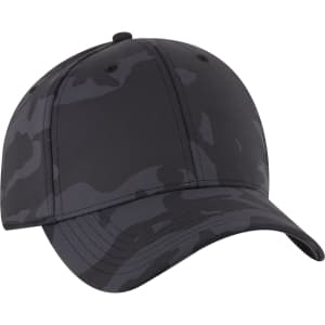A cap featuring a sleek black camo design with a classic six-panel structure and a curved brim.